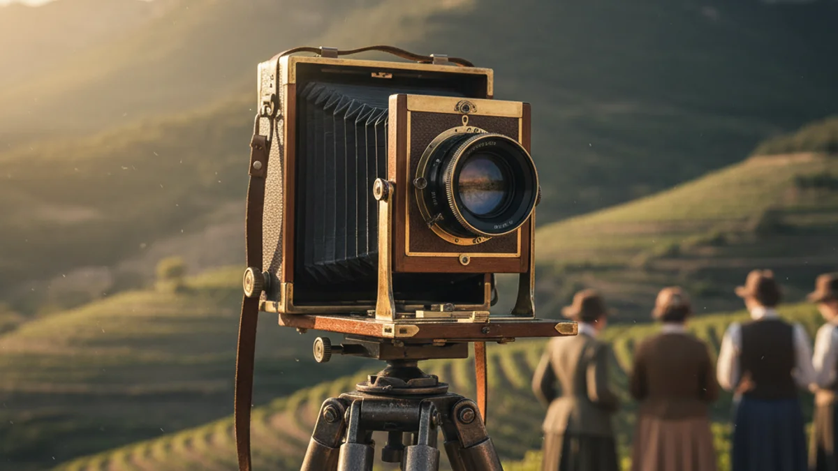Imagen genérica de una cámara fotográfica antigua de gran formato frente a un paisaje montañoso.