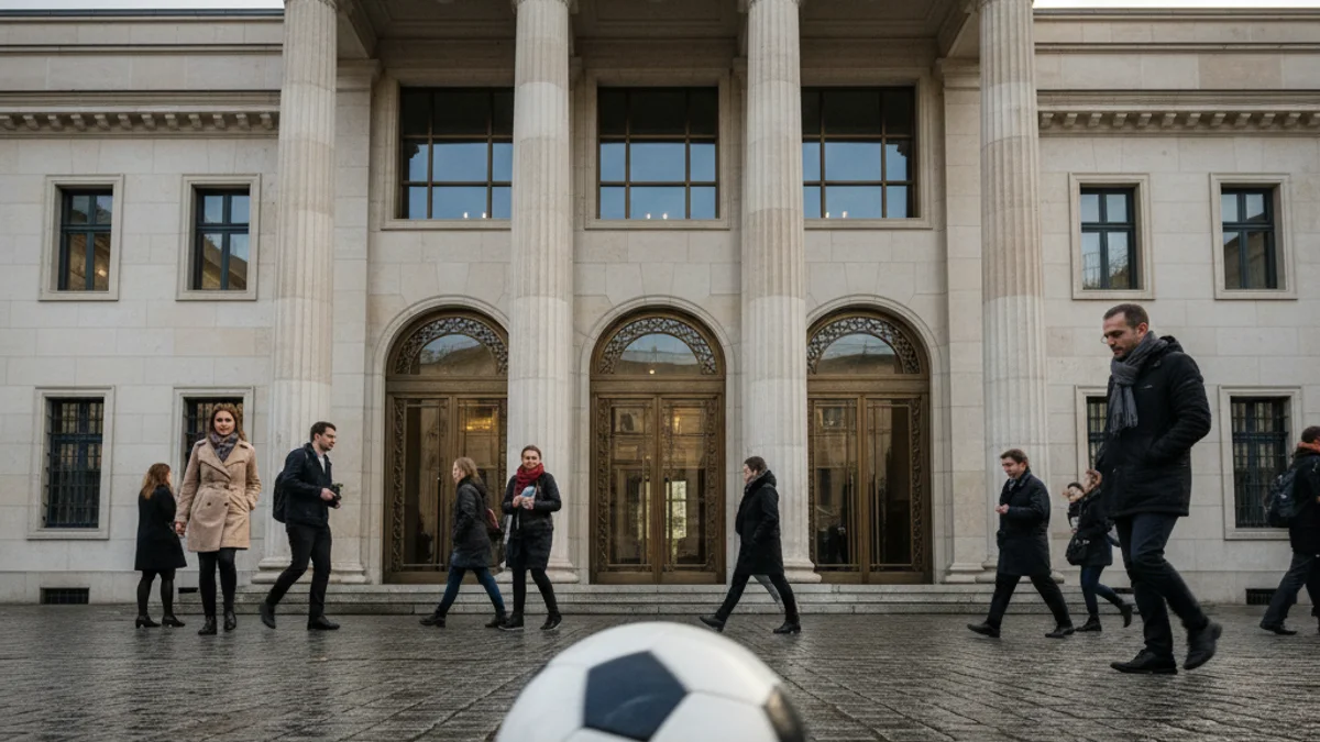 Imatge genèrica d'un edifici judicial amb una pilota de futbol en primer pla.
