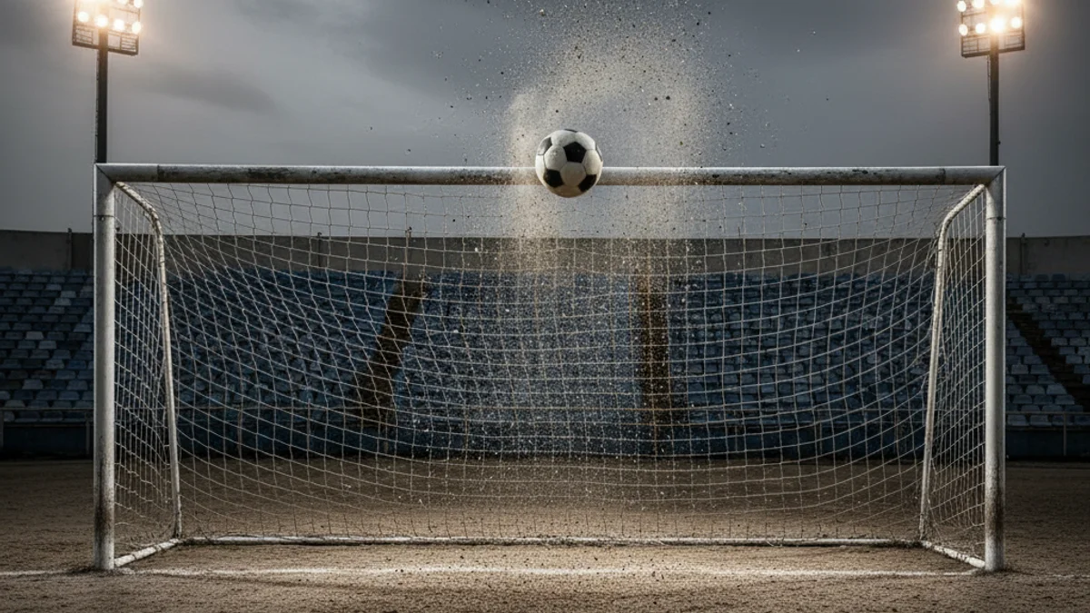 Generic image of a football hitting the crossbar of a goal in a stadium.