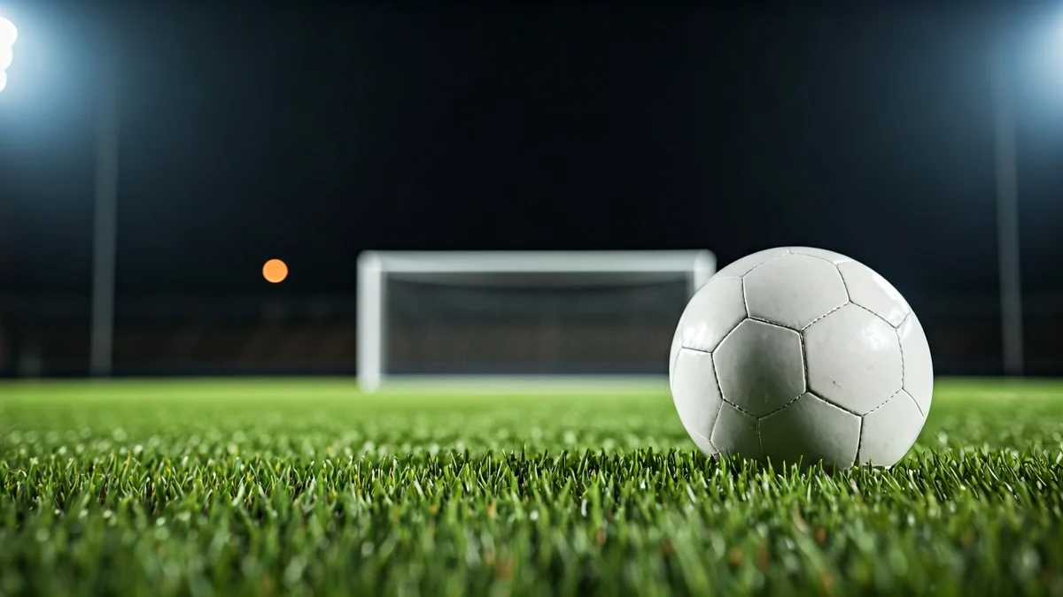 Imatge genèrica d'una pilota de futbol sobre la gespa d'un camp, amb la porteria desenfocada al fons.