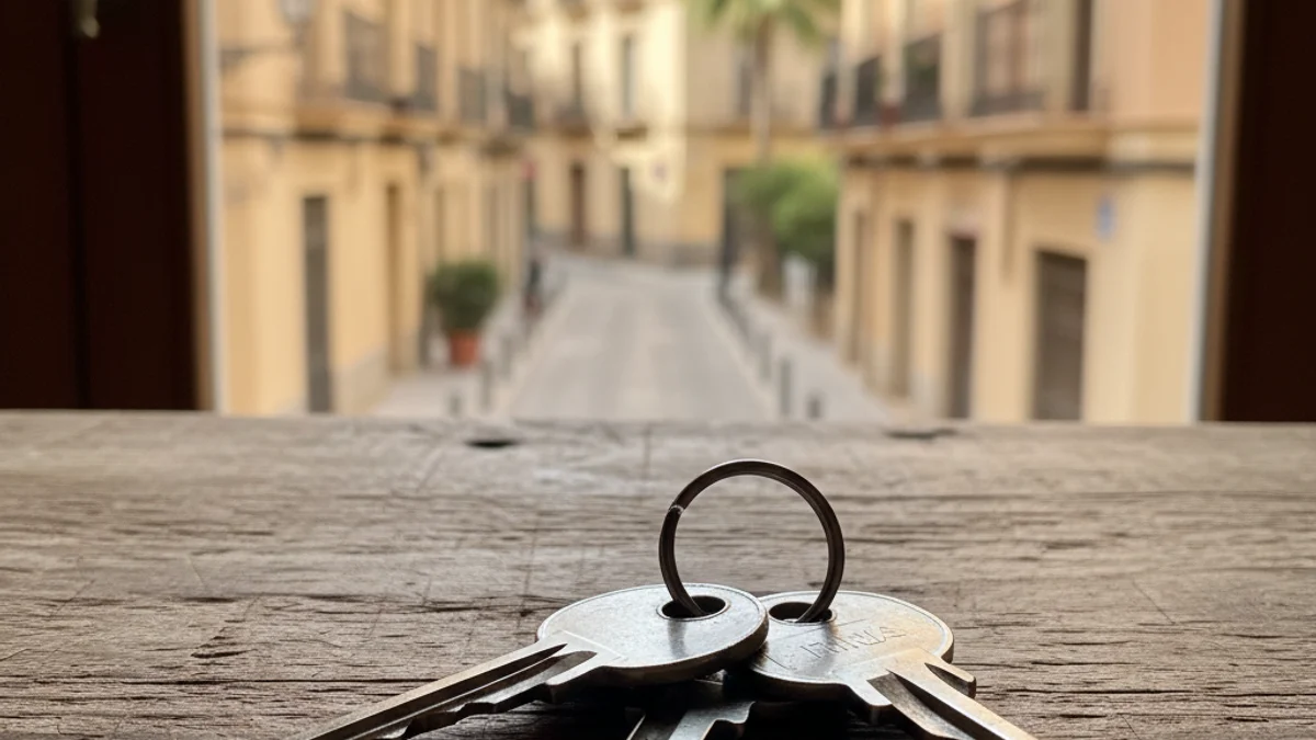 Imatge genèrica d'unes claus de casa sobre una taula amb edificis residencials al fons.