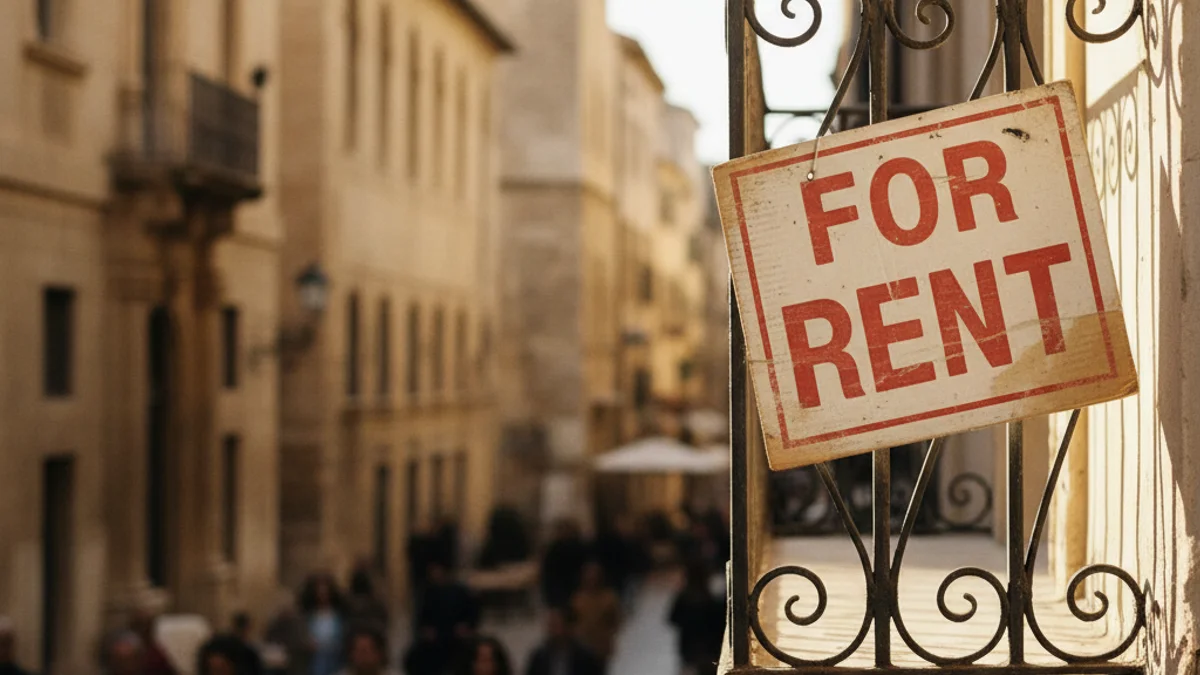 Imatge genèrica d'un cartell de lloguer en un balcó d'una ciutat catalana.