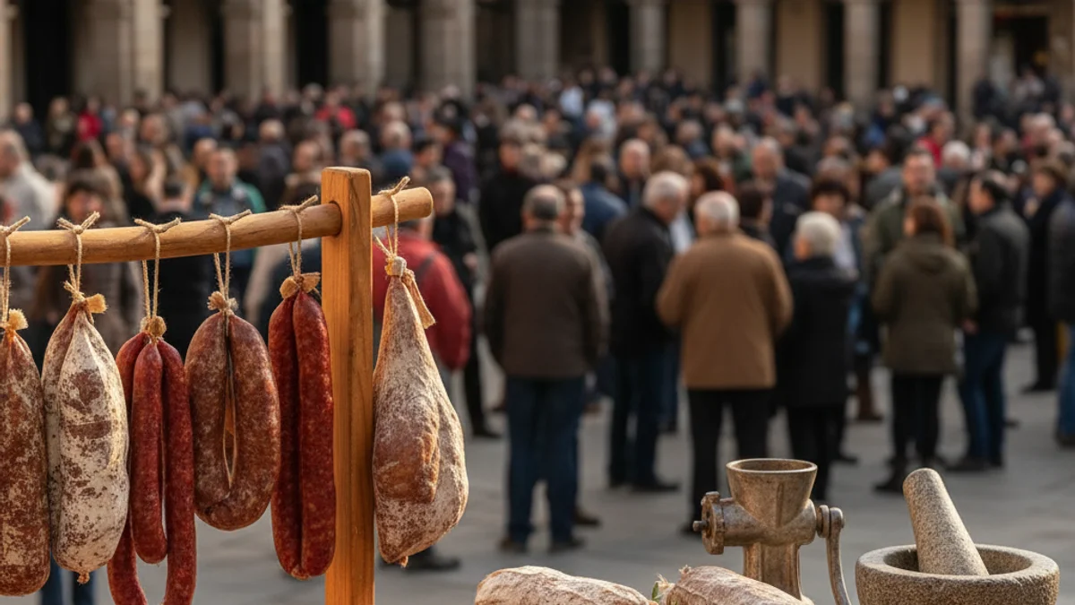 Generic image of an artisanal food fair featuring traditional cured meats on a wooden table.