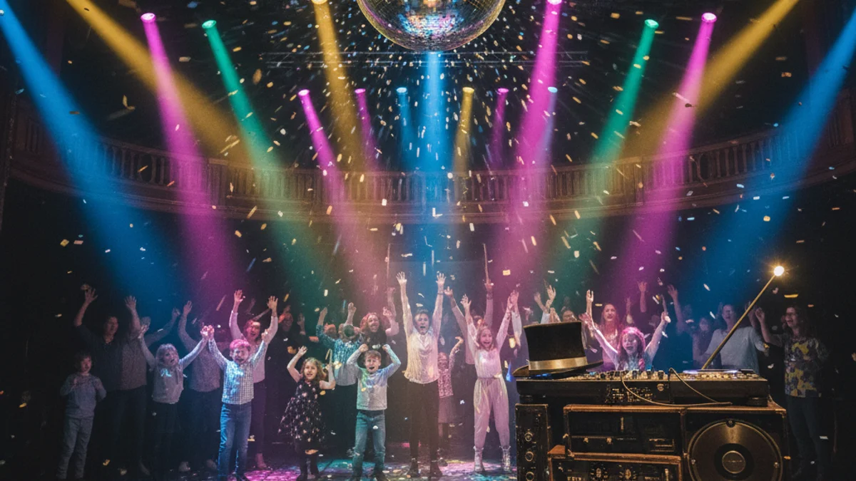Imagen genérica de un escenario de teatro convertido en una pista de baile con luces de colores.