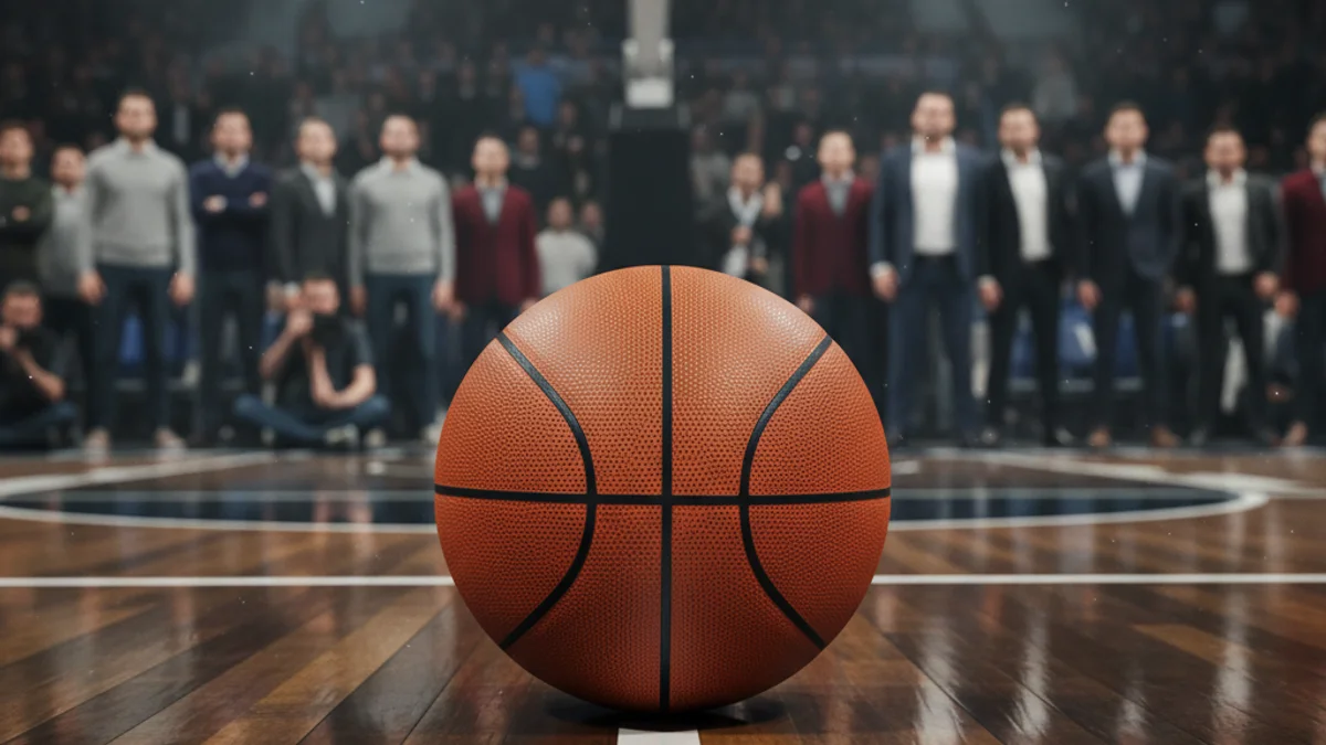 Generic image of a basketball on a court floor.