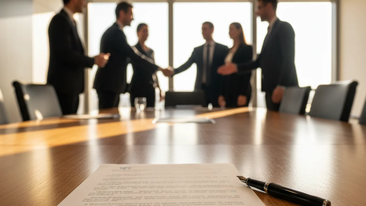 Generic image of an agreement being signed in a professional business setting.