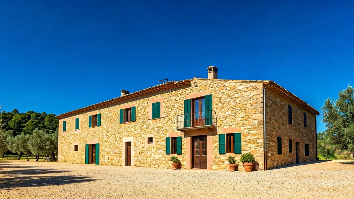 Generic image of a Catalan farmhouse surrounded by olive and almond trees under a blue Mediterranean sky.
