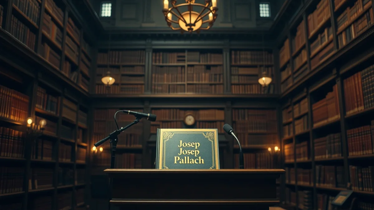 Imatge genèrica d'un llibre d'assaig històric sobre un podi en una institució acadèmica.