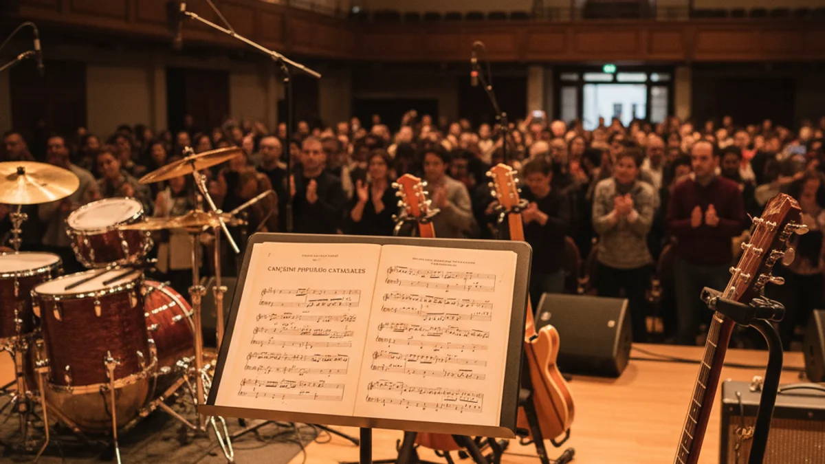 Generic image of a stage with musical instruments prepared for a youth talent concert.