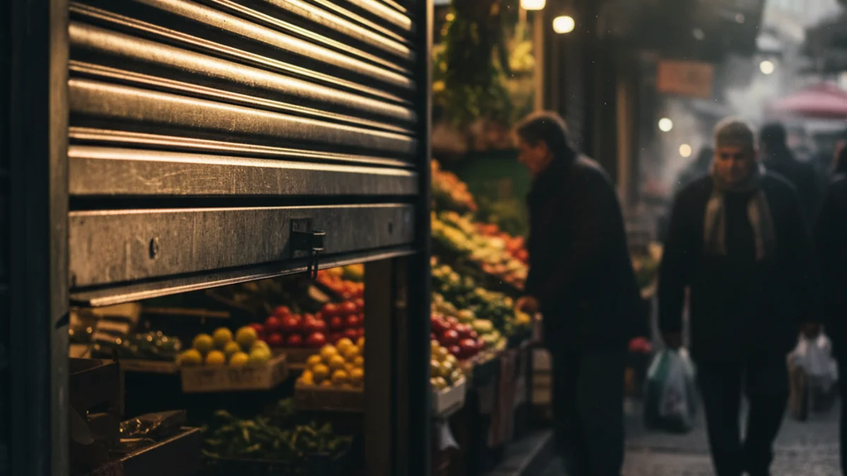 Imagen genérica de la persiana metálica de un puesto de mercado tradicional.
