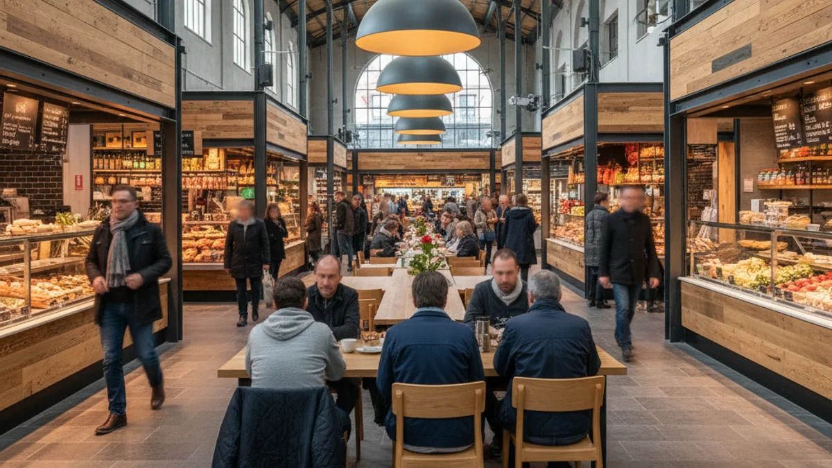 Imatge genèrica de l'interior d'un mercat municipal modernitzat amb zones de degustació.