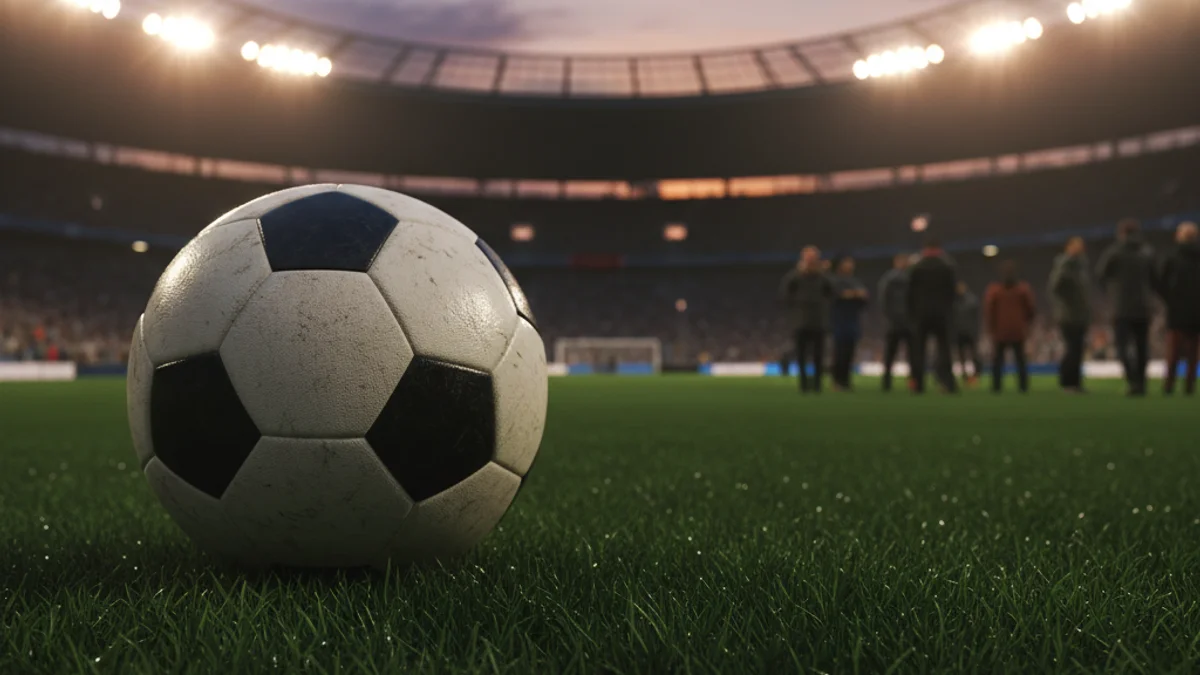 Imatge genèrica d'una pilota de futbol sobre la gespa d'un estadi preparat per a la competició.