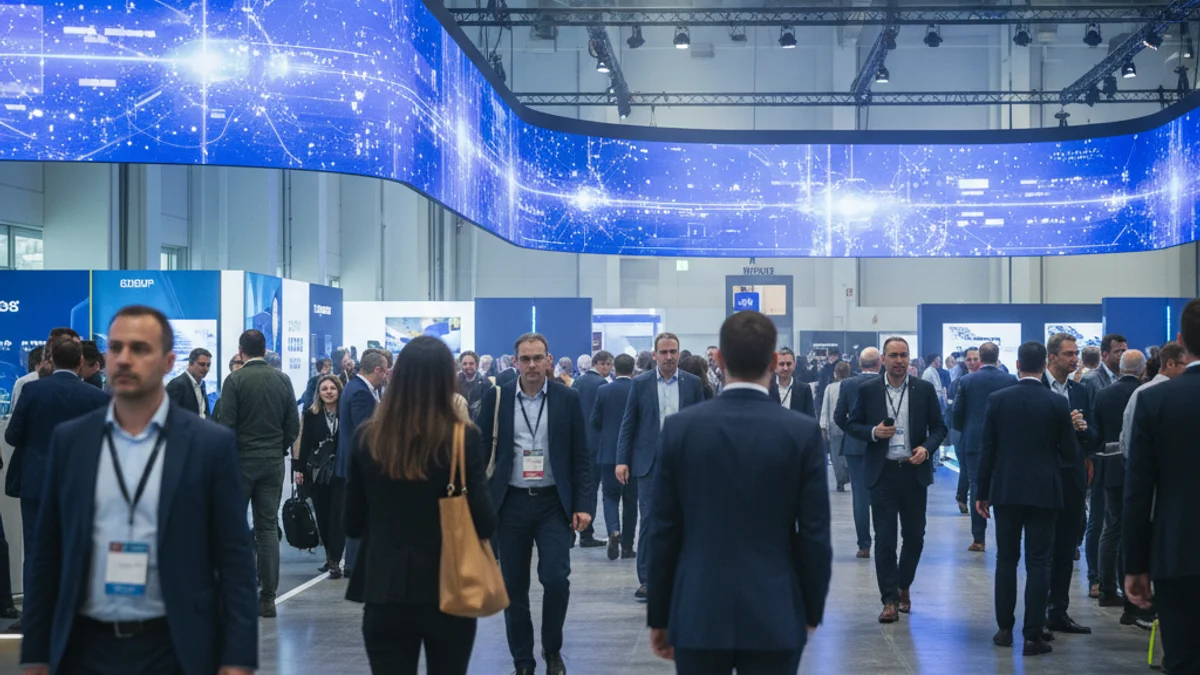 Imatge genèrica d'un gran pavelló de congressos amb assistents i pantalles digitals.