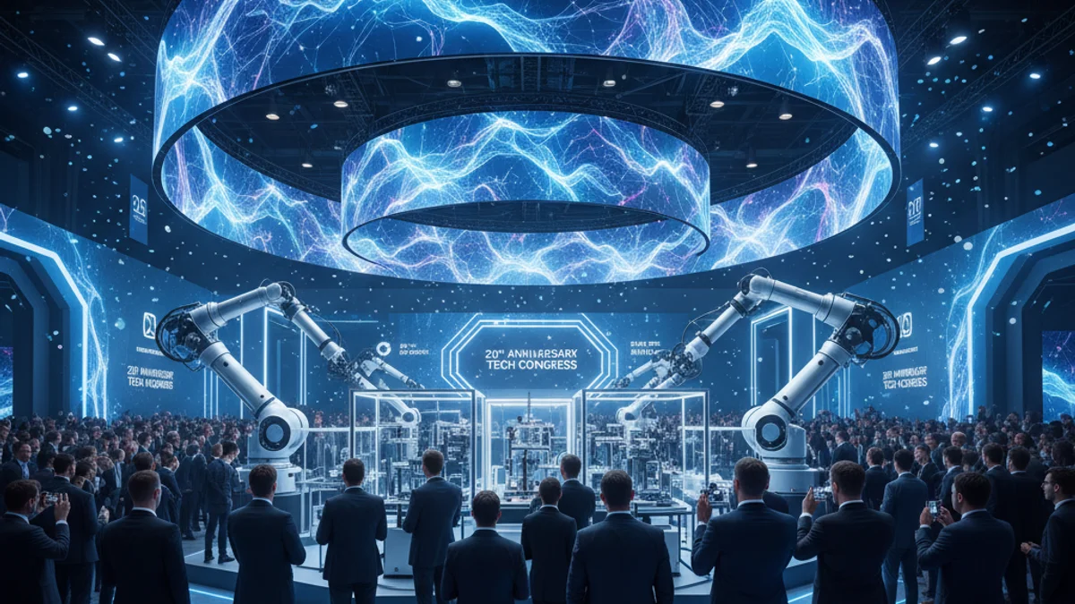 Imatge genèrica d'un pavelló tecnològic amb pantalles digitals i robòtica.