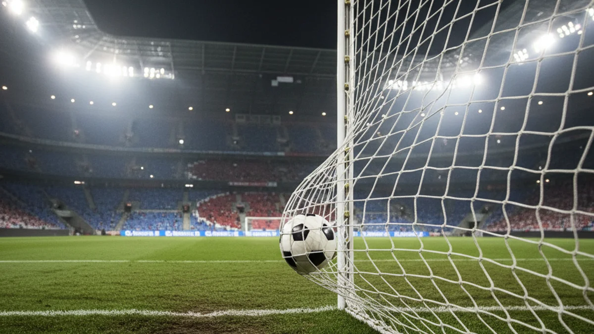 Generic image of a soccer ball hitting the net during a night match.