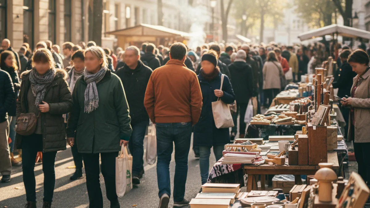 Imatge genèrica d'un mercat de segona mà a l'aire lliure amb gent passejant entre parades d'objectes usats.