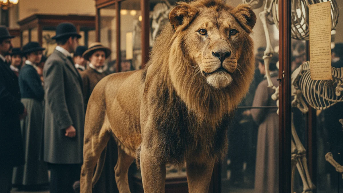 Imagen genérica de un león disecado en un museo de ciencias naturales de estilo antiguo.