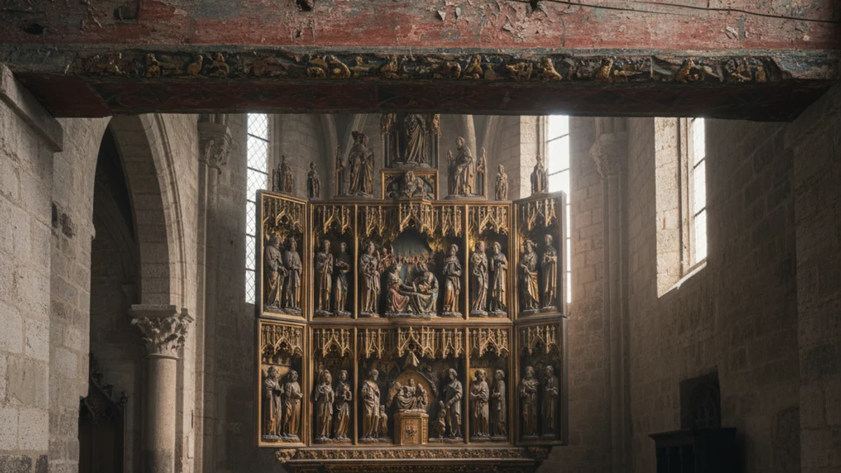 Imagen genérica de una viga románica policromada y un retablo gótico en un monasterio medieval.