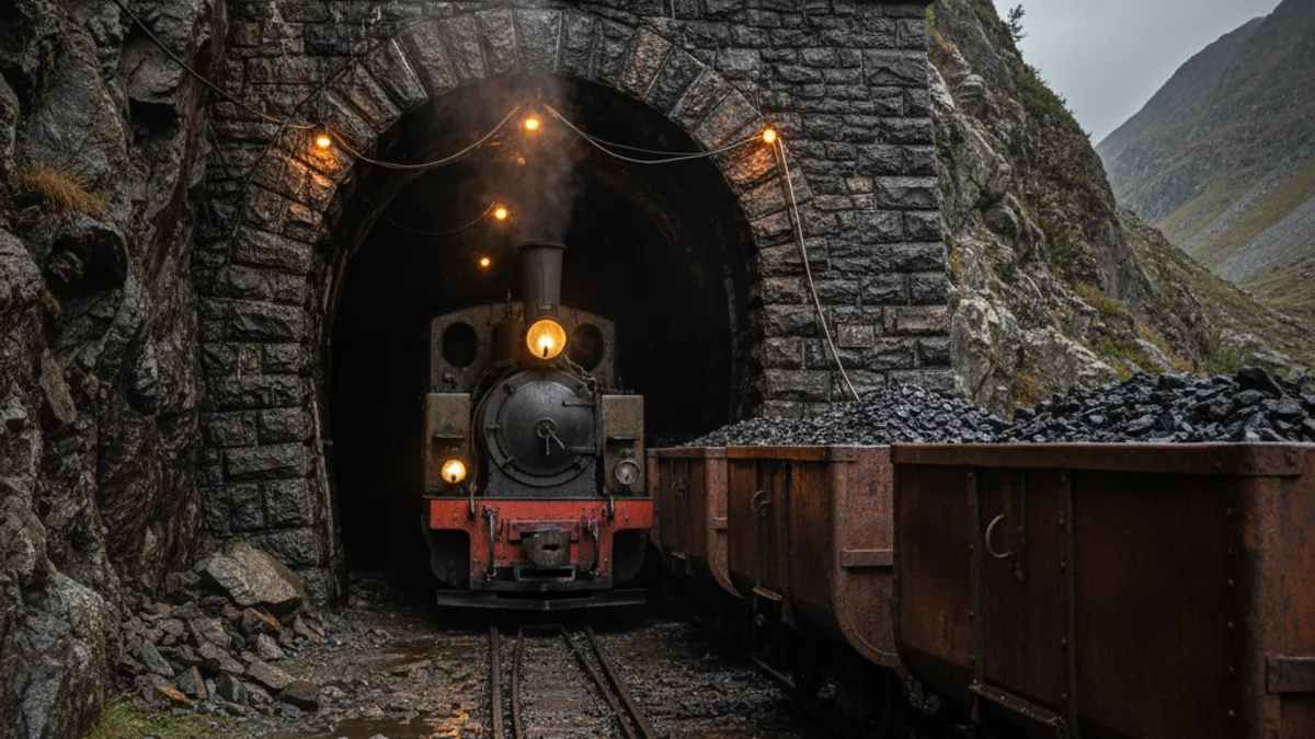 Imatge genèrica d'un tren miner antic entrant en una galeria subterrània.