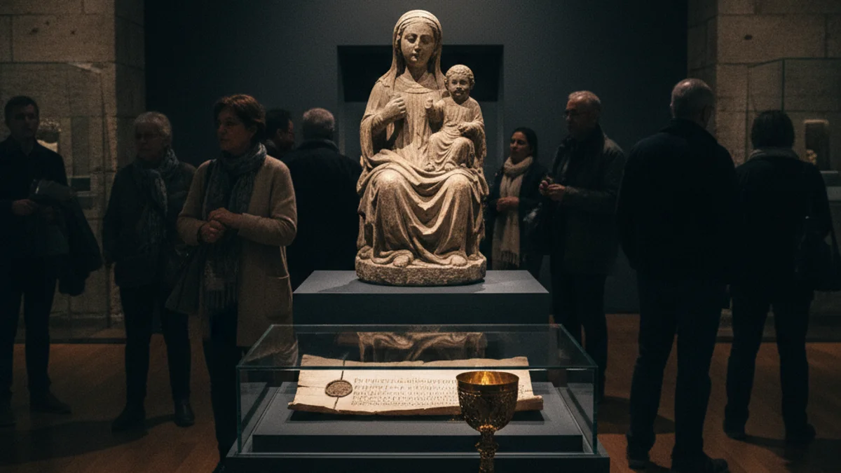 Generic image of a museum gallery featuring medieval religious objects displayed under soft spotlights.
