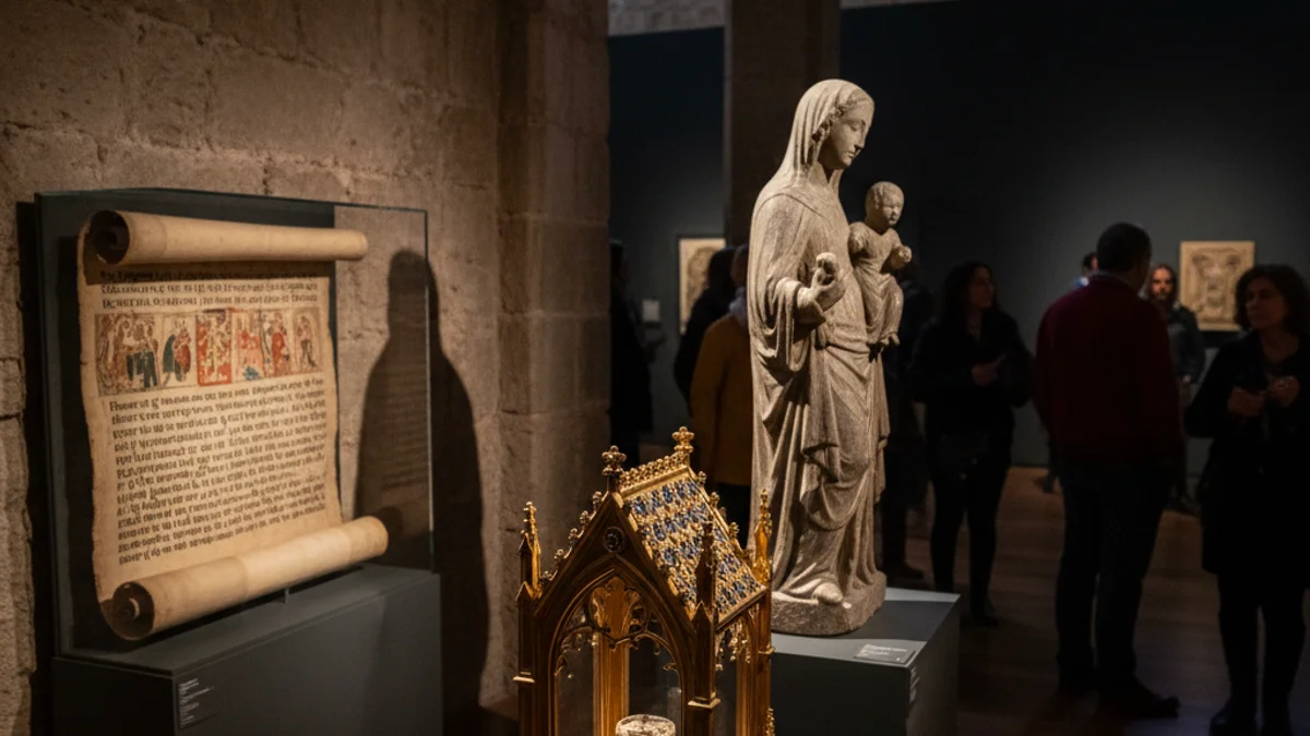Generic image of a museum gallery featuring medieval religious objects displayed under soft spotlights.