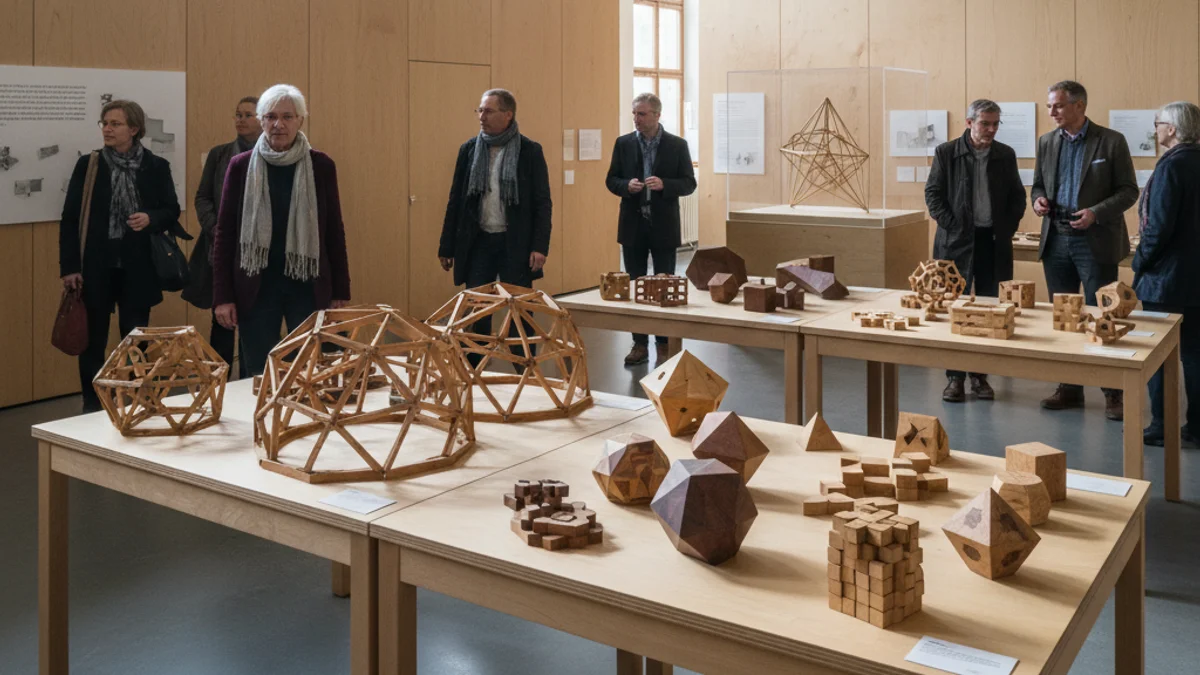 Generic image of a museum hall with mathematical games and wooden geometric structures.