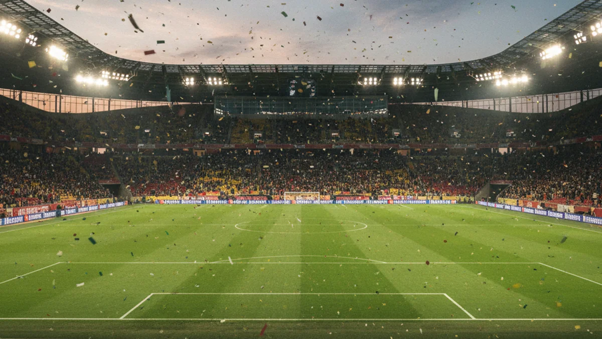 Generic image of the atmosphere in a football stadium during a celebration with confetti and evening lights.