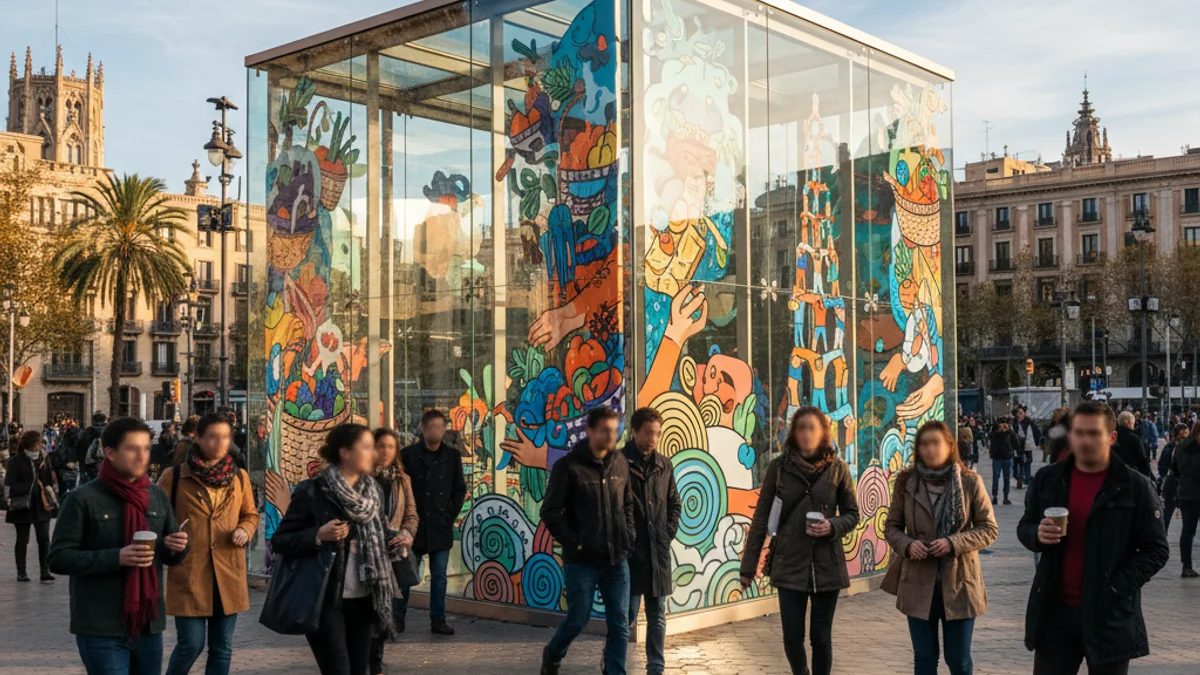 Imatge genèrica d'un espai expositiu de vidre en una plaça pública amb il·lustracions colorides.