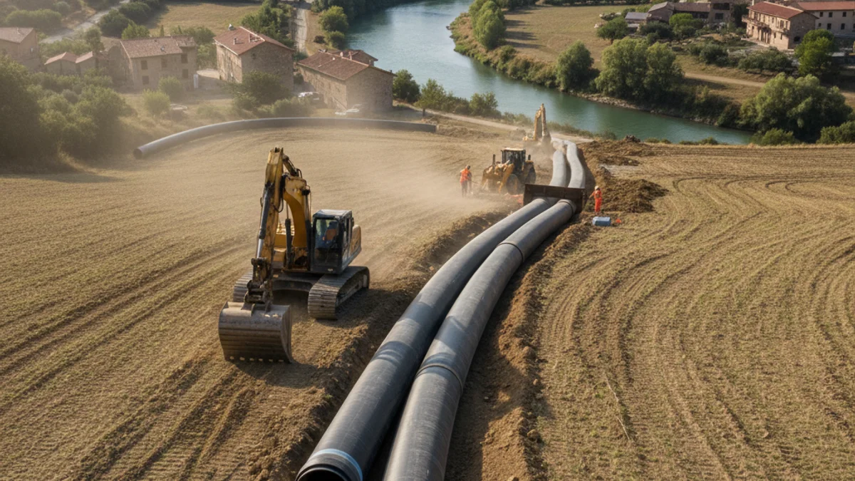 Imatge genèrica de les obres d'instal·lació de grans canonades per al nou sistema de regadiu en una zona rural.