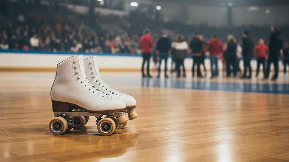 Imatge genèrica d'uns patins de competició sobre el parquet d'un pavelló esportiu.