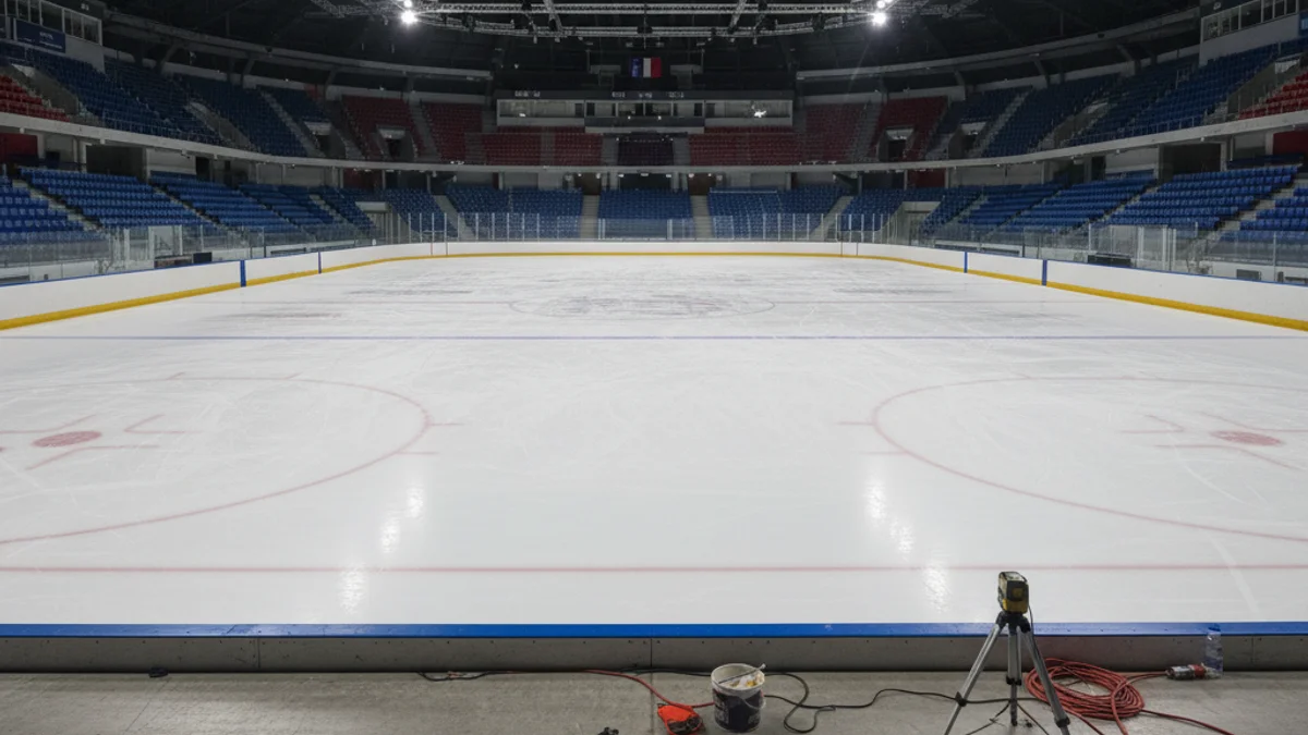 Imatge genèrica de l'interior d'una pista de gel buida sota llums de manteniment.