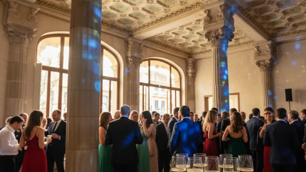 Imatge genèrica de l'interior d'una festa exclusiva en un edifici modernista amb il·luminació tènue.