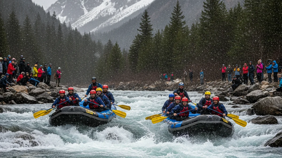 Generic image of two rafting boats going down a white water river in a mountain setting.