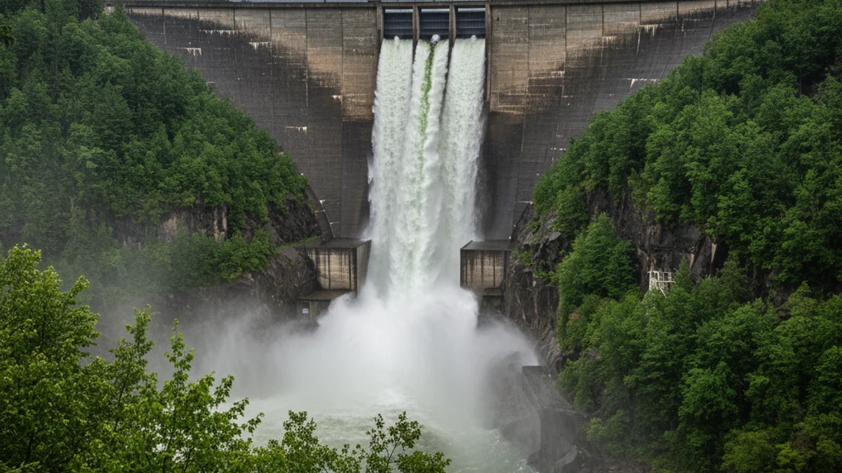 Imatge genèrica del pantà de Susqueda al límit de la seva capacitat després d'un temporal.