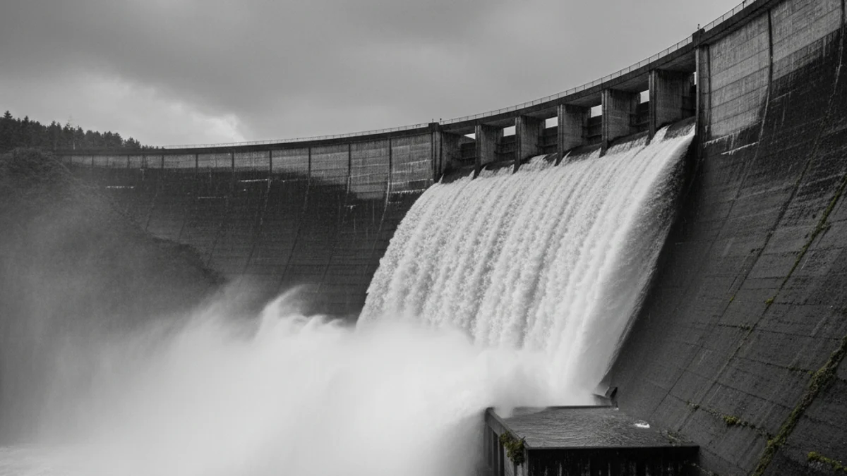 Generic image of water overflowing from the top of a large reservoir dam.