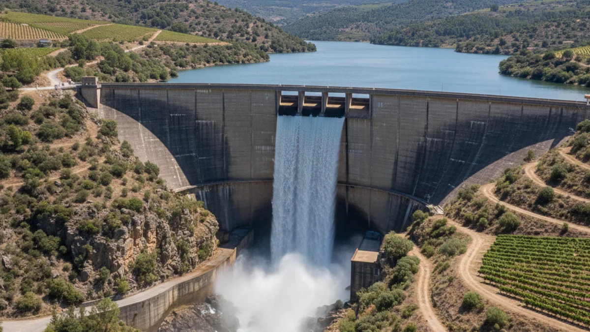 Imagen genérica del pantano de Els Guiamets desbordando agua por su capacidad máxima.