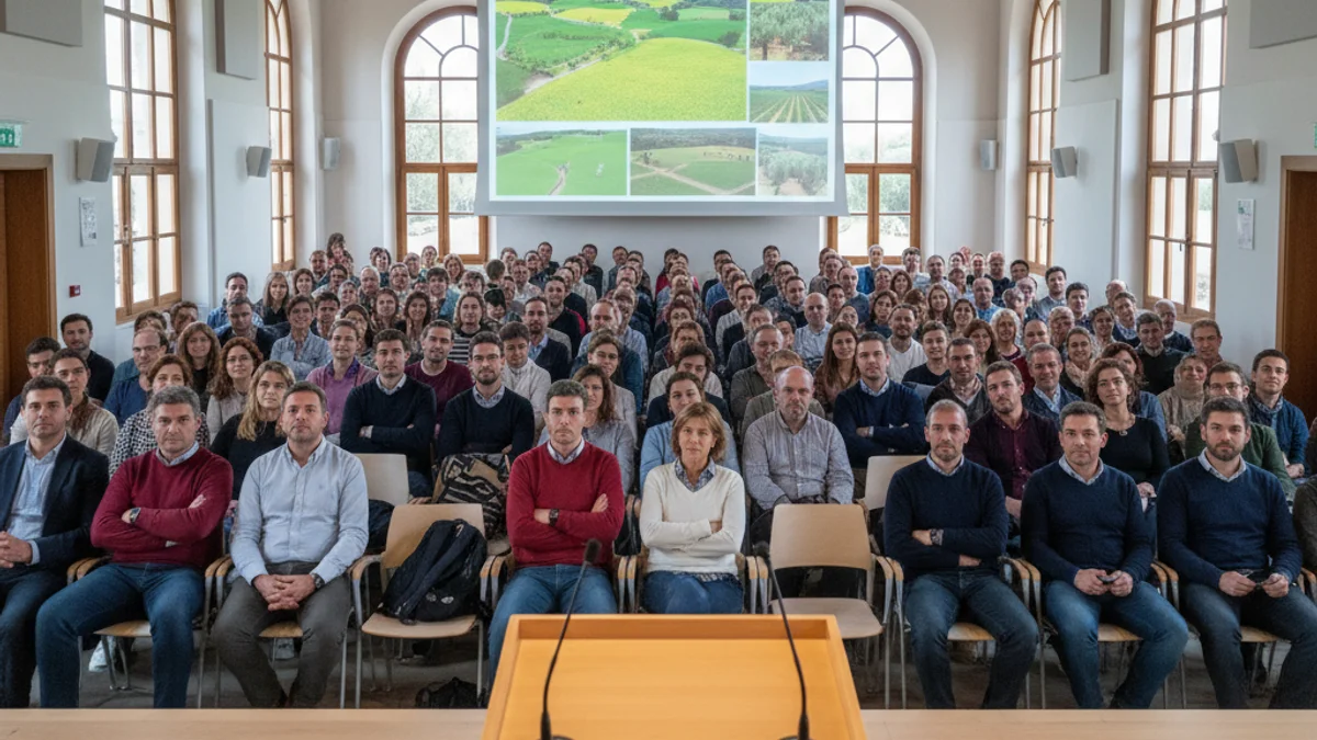 Imagen genérica de una conferencia sobre agricultura en un centro cívico con público asistente.