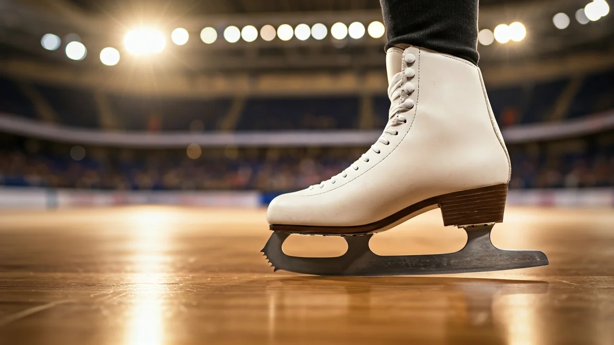 Generic image of a figure skating boot on a wooden rink.