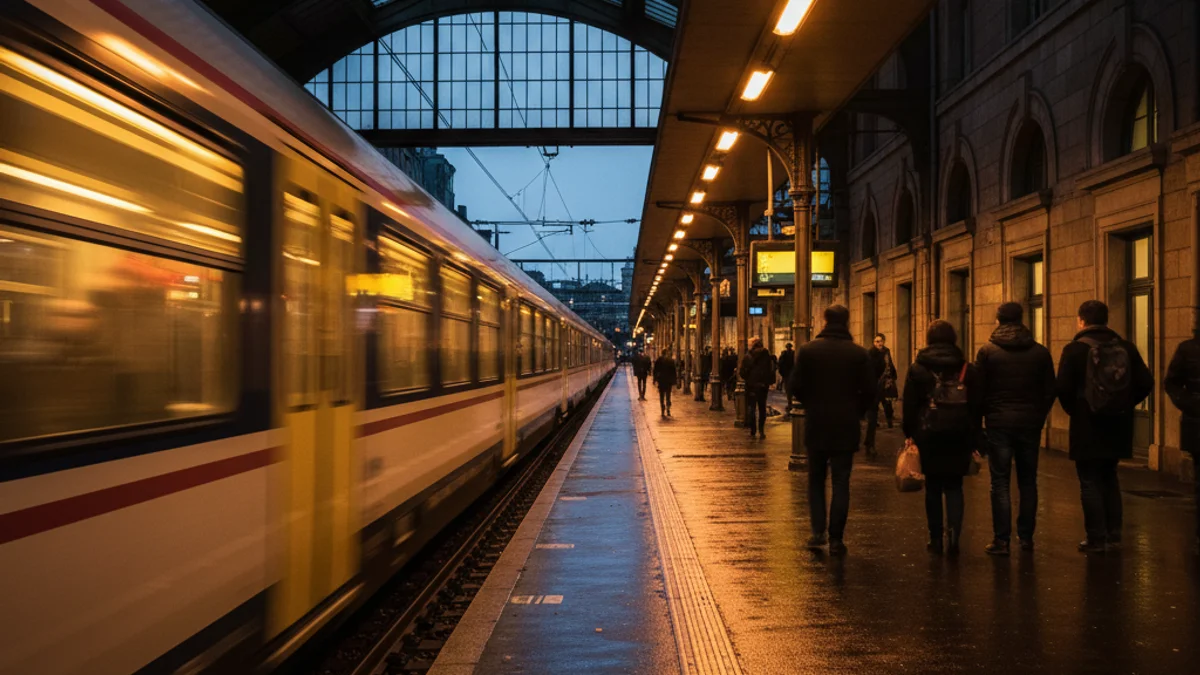 Generic image of a train station at sunset with tracks in the foreground.