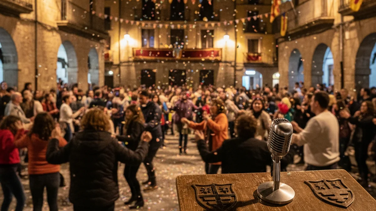 Generic image of a stage prepared for a town festival opening speech in a Catalan square.