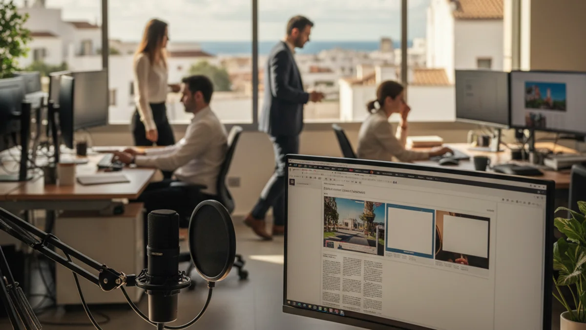Generic image of a journalistic workspace with a computer and a podcast microphone.