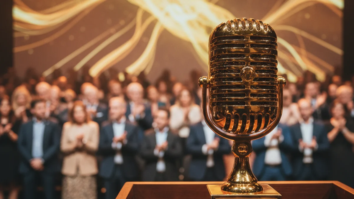 Imatge genèrica d'un micròfon daurat de fons sobre un faristol en una gala de premis.
