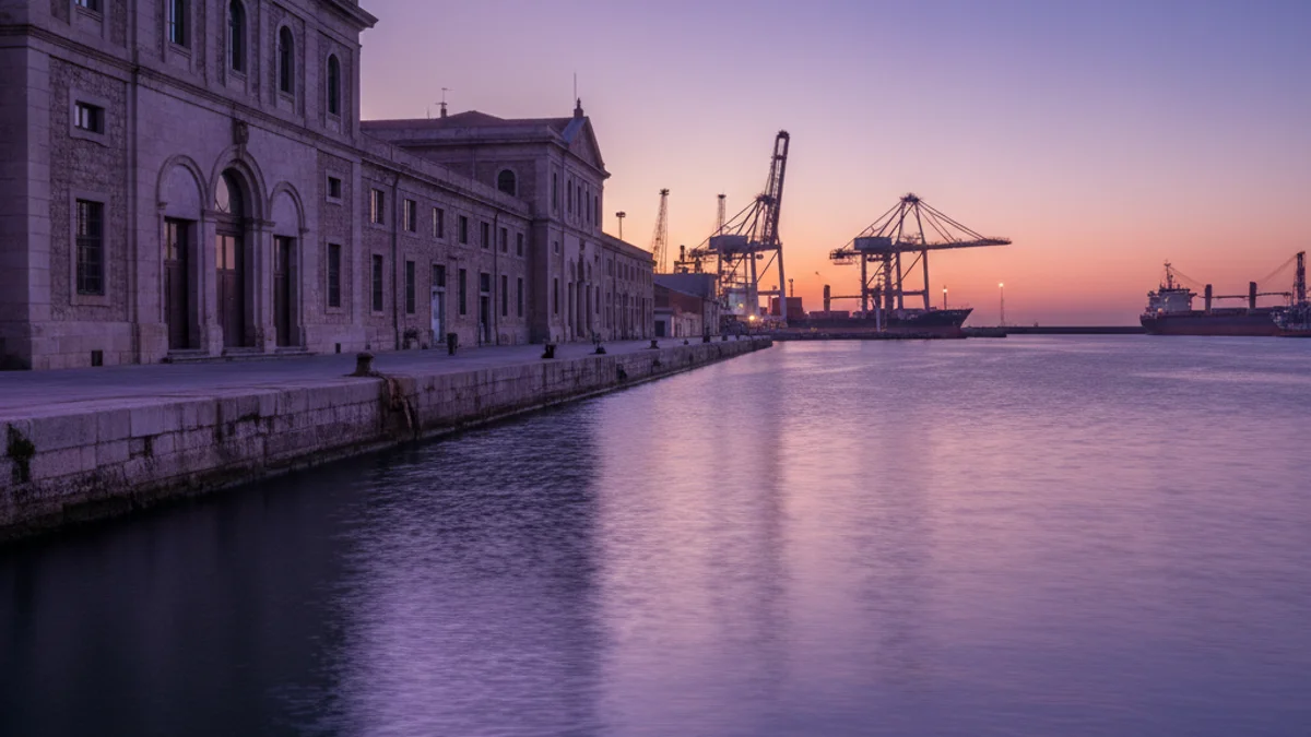 Imatge genèrica de les instal·lacions del Port de Tarragona il·luminades amb llums de color violeta.