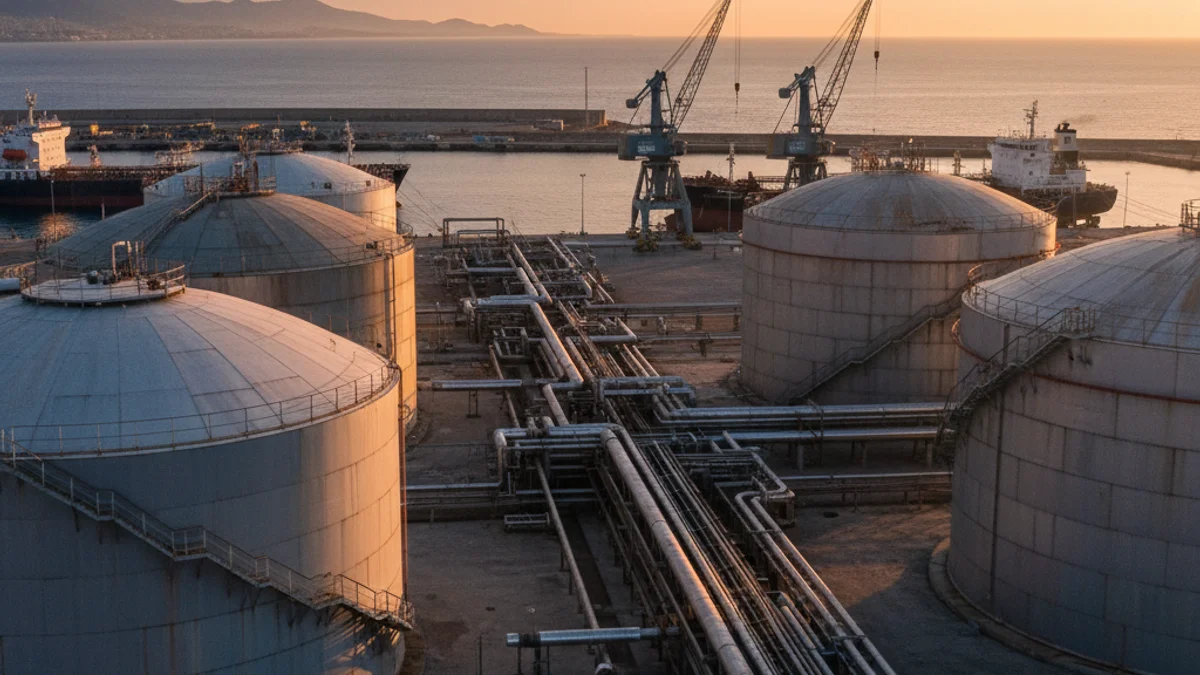Imatge genèrica de les instal·lacions d'un port industrial amb dipòsits d'emmagatzematge d'energia.