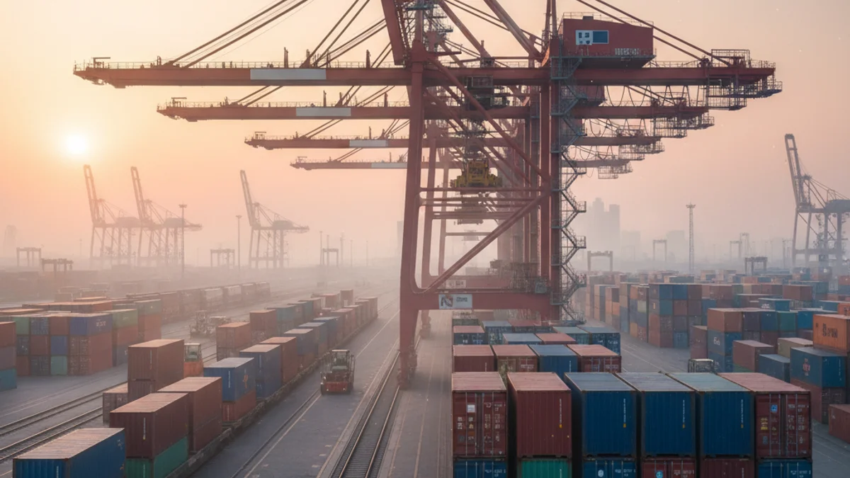 Imagen genérica de una terminal de contenedores en un puerto comercial con grúas de carga.