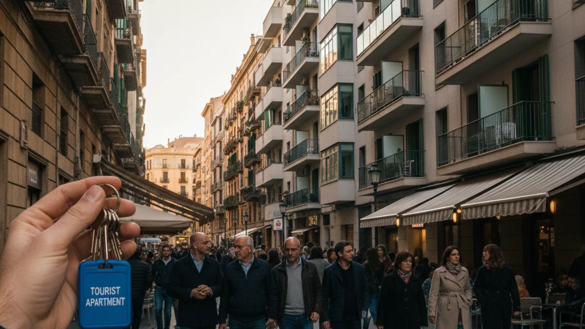 Imagen genérica de unas llaves de un apartamento turístico frente a un edificio de viviendas.