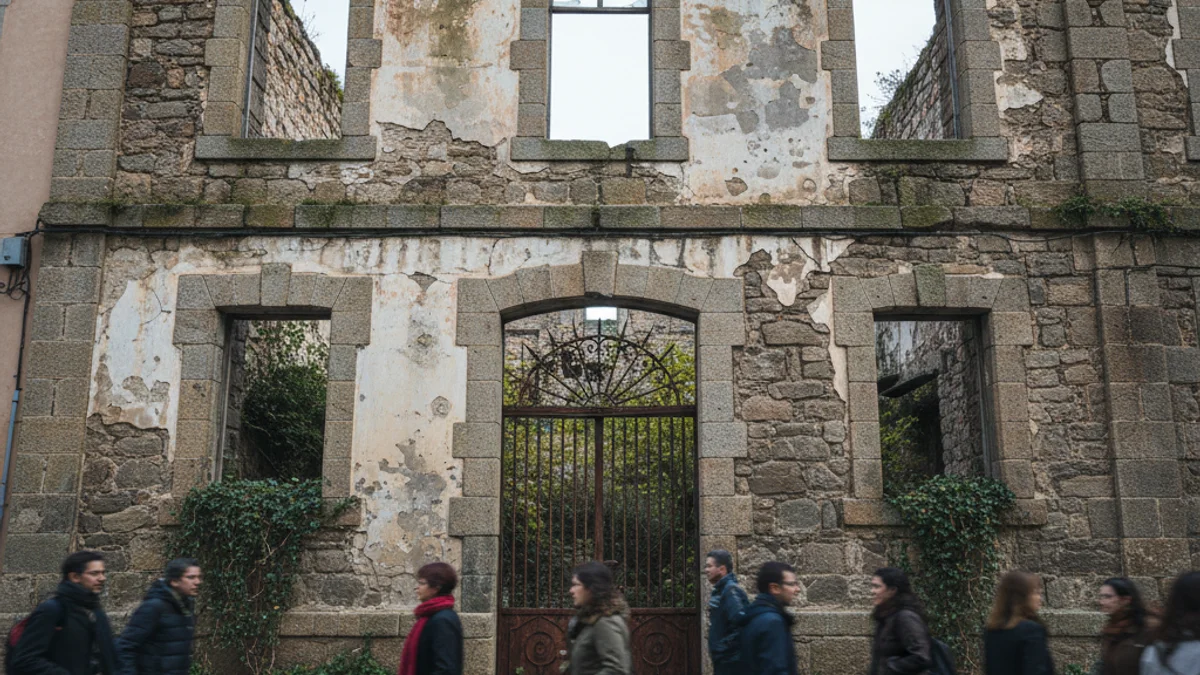 Imatge genèrica d'una antiga fàbrica tèxtil de pedra amb signes de deteriorament estructural.