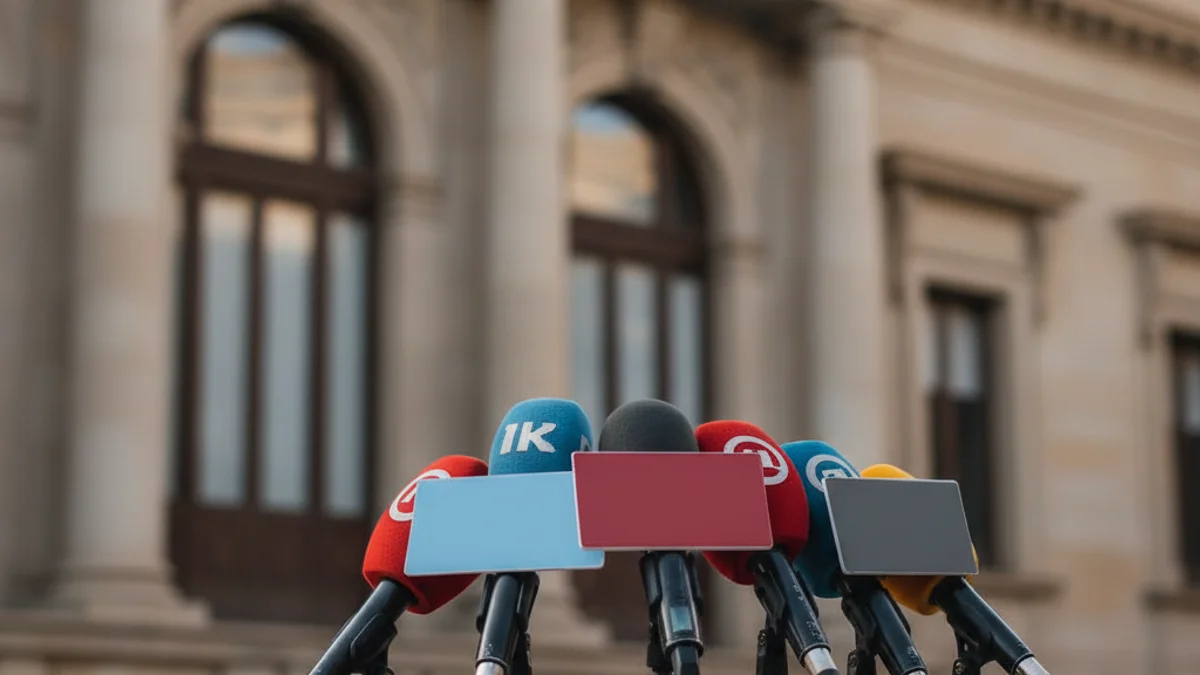 Imagen genérica de unos micrófonos en un atril durante una conferencia política.