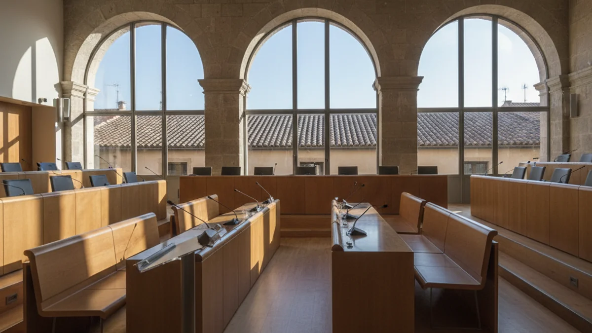 Imatge genèrica d'una sala de plens municipal buida amb micròfons.