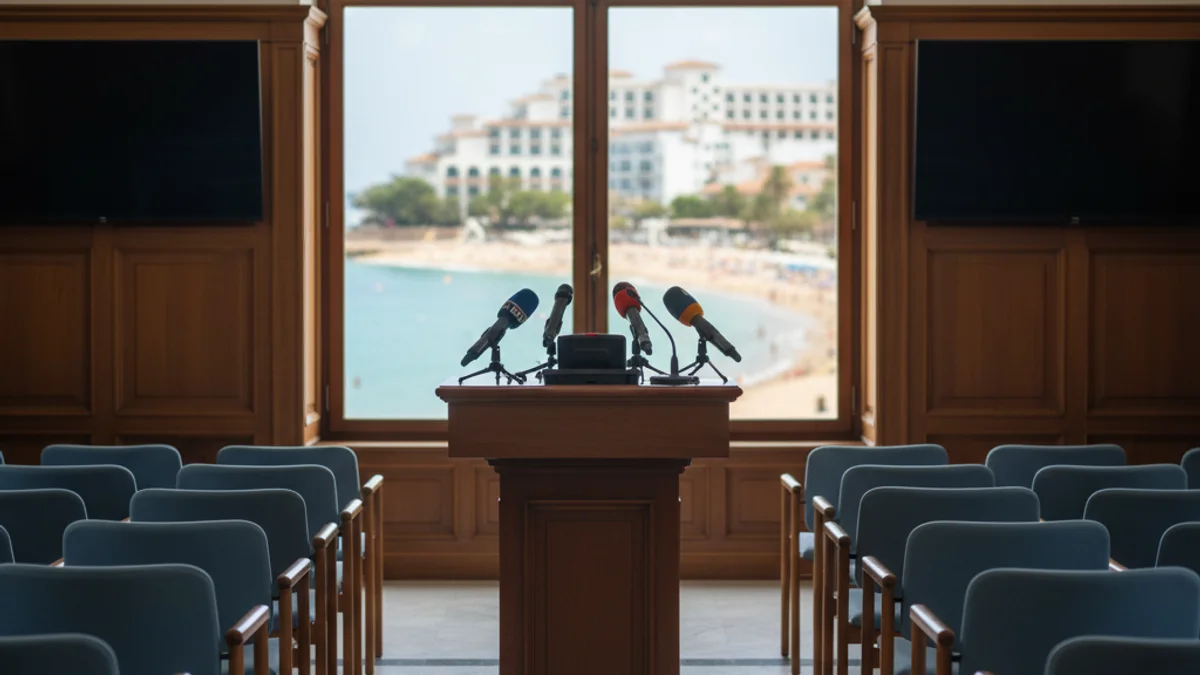 Imatge genèrica d'un podi de premsa amb micròfons en un entorn institucional.